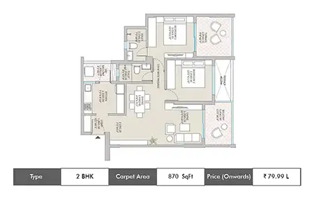 Kolte Patil Springshire 2 BHK floor plan, 870 sq ft carpet area