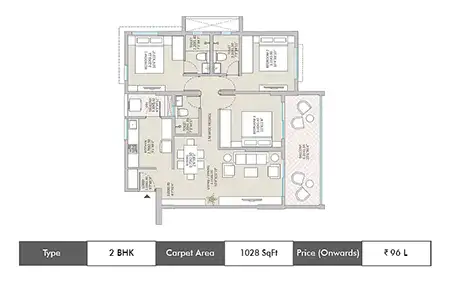 Kolte Patil Springshire 3 BHK floor plan, 1028 sq ft carpet area